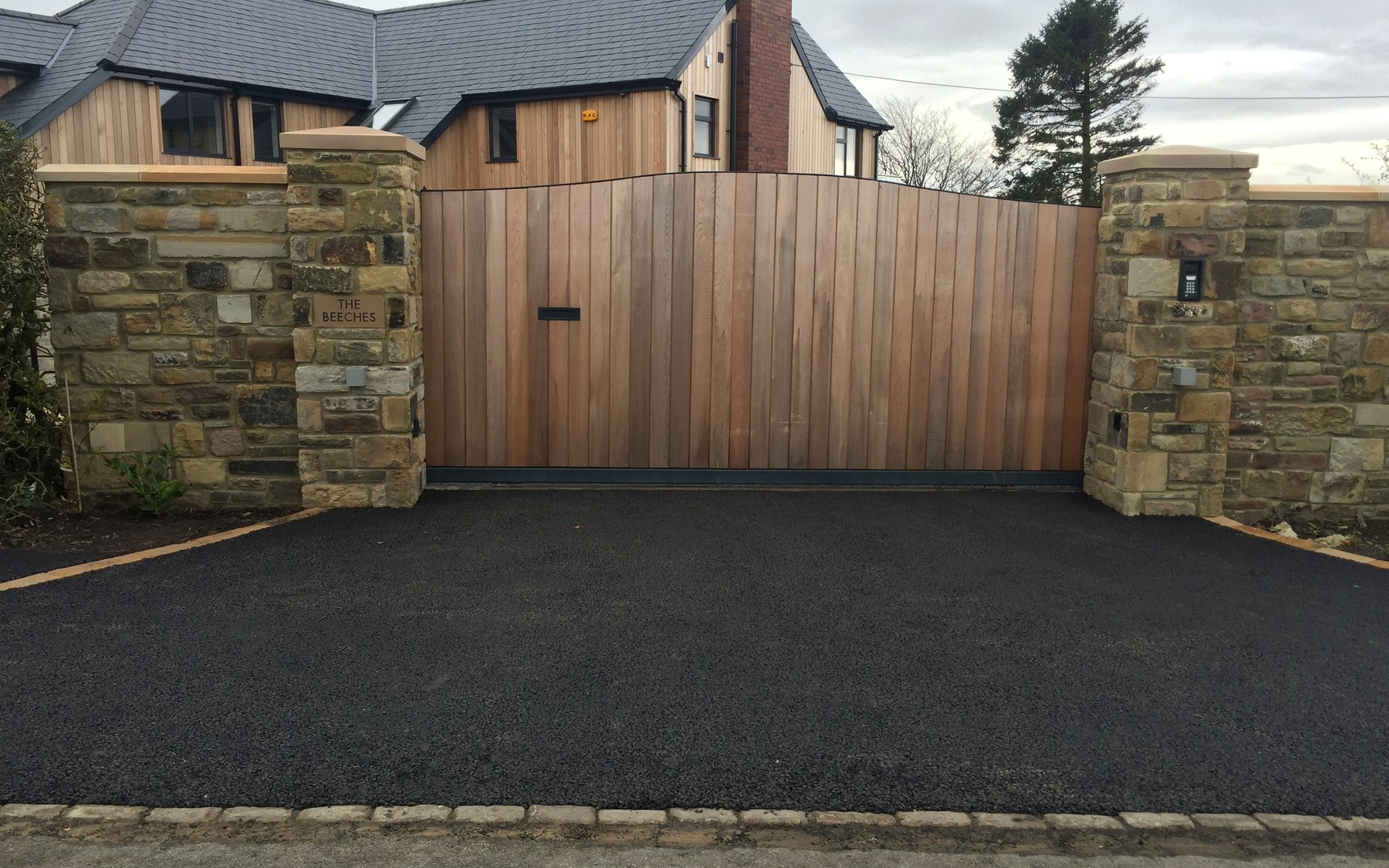 Bespoke cedar entrance gates with stone piers — 'The Beeches' Northumberland family home