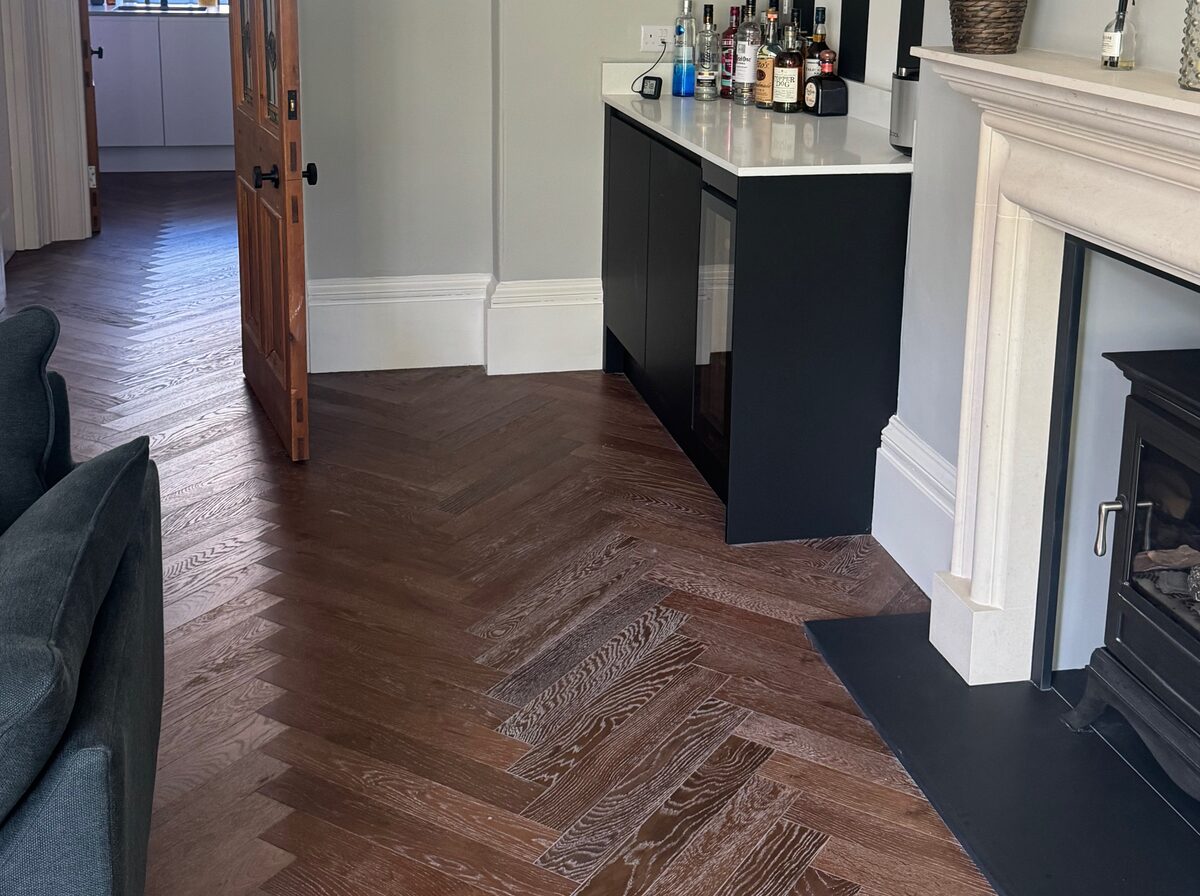 Kitchen bar and herringbone floor — Newcastle Georgian apartment, Leazes Terrace