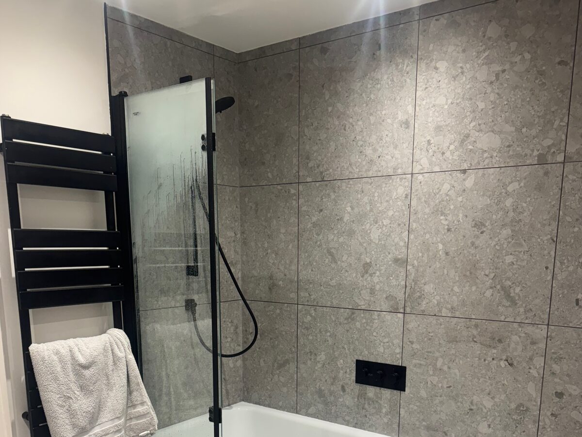Contemporary tiled bathroom with walk-in shower — Newcastle Georgian conversion, Leazes Terrace