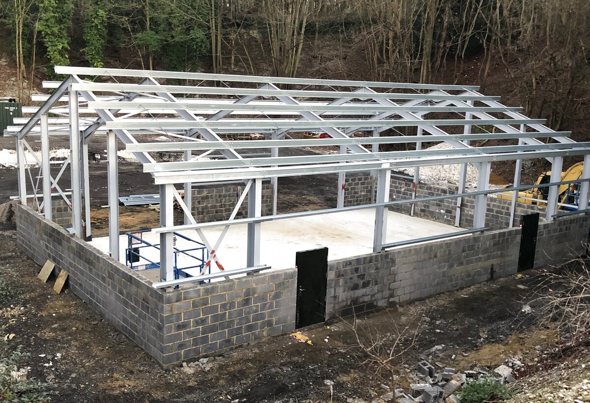 Steel frame structure during construction — Quarry Works industrial unit, Surrey