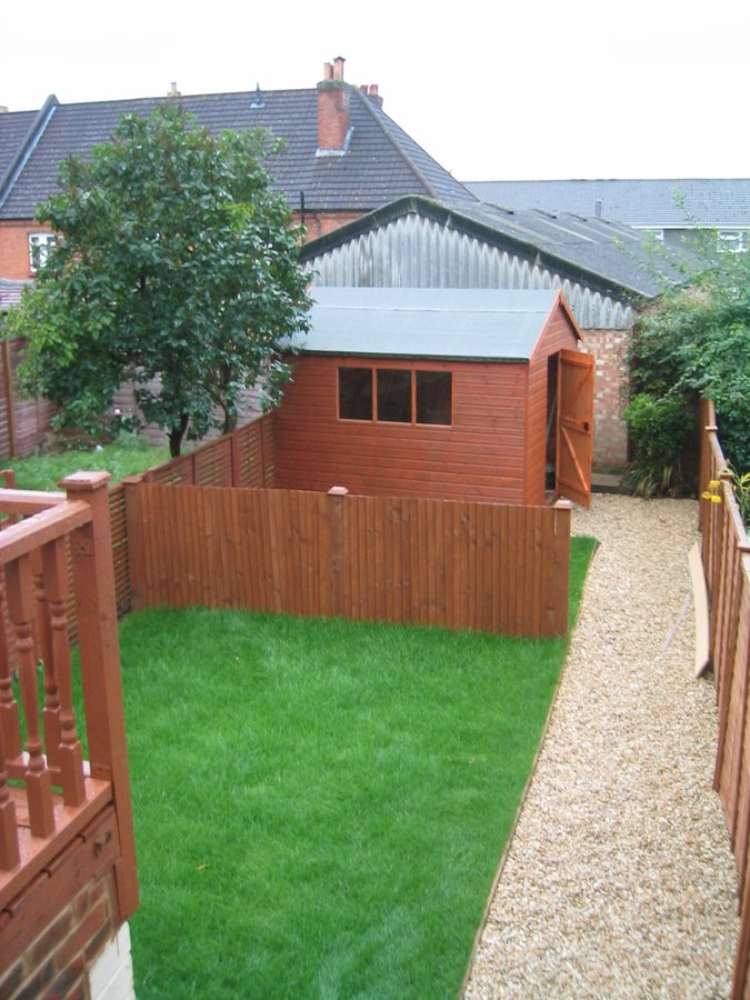 Rear garden with shed after conversion — Springfield Road Victorian-to-flats, Guildford