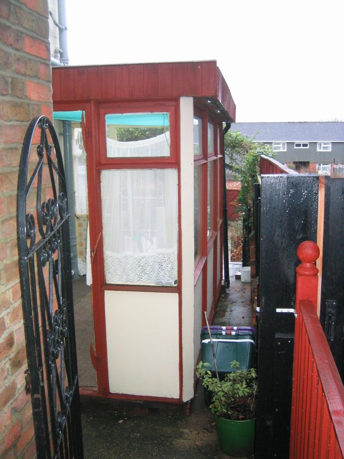 Before conversion — original side passage with red gate, Springfield Road Guildford