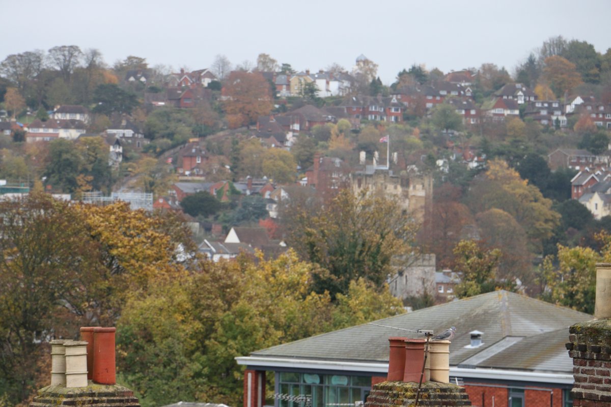 View towards Guildford Castle from Denzil Road — elevated Surrey residential setting